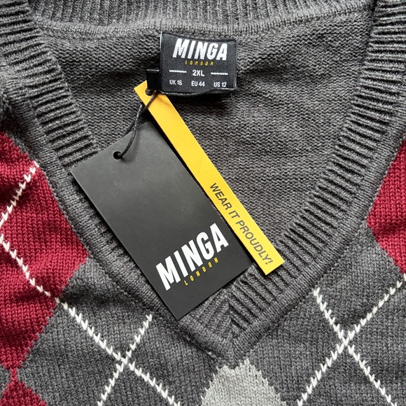 Minga London V-Neck Argyle Jumper Long Sleeve Cotton Sweater Grey | US Sz 12 - Picture 7 of 12